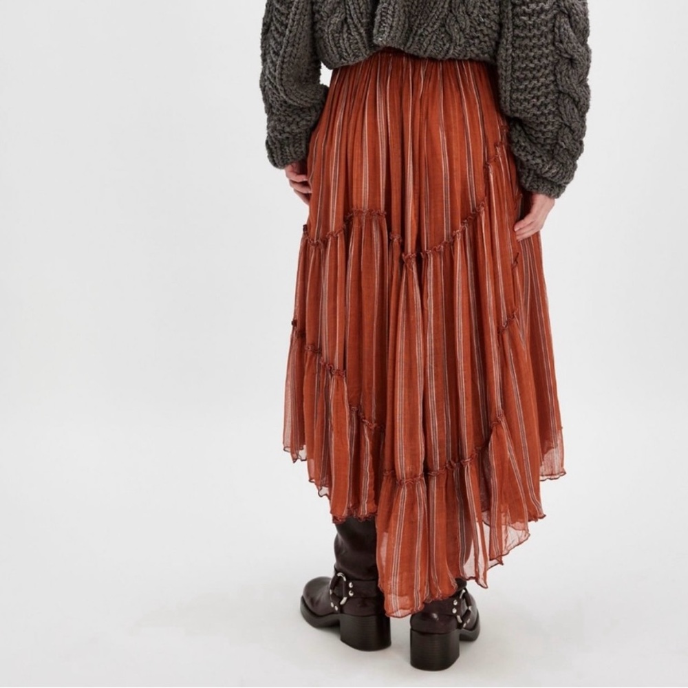 Free People One Ember Printed Flowy Midi Skirt In Terracotta Stripe - Picture 3 of 15